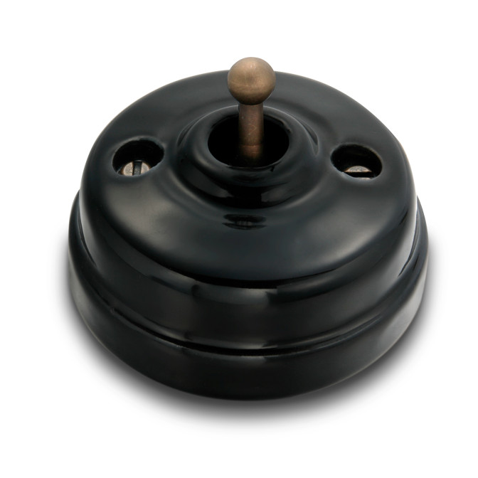 Poussoir et manette laiton vieilli porcelaine noire ss passe-câble